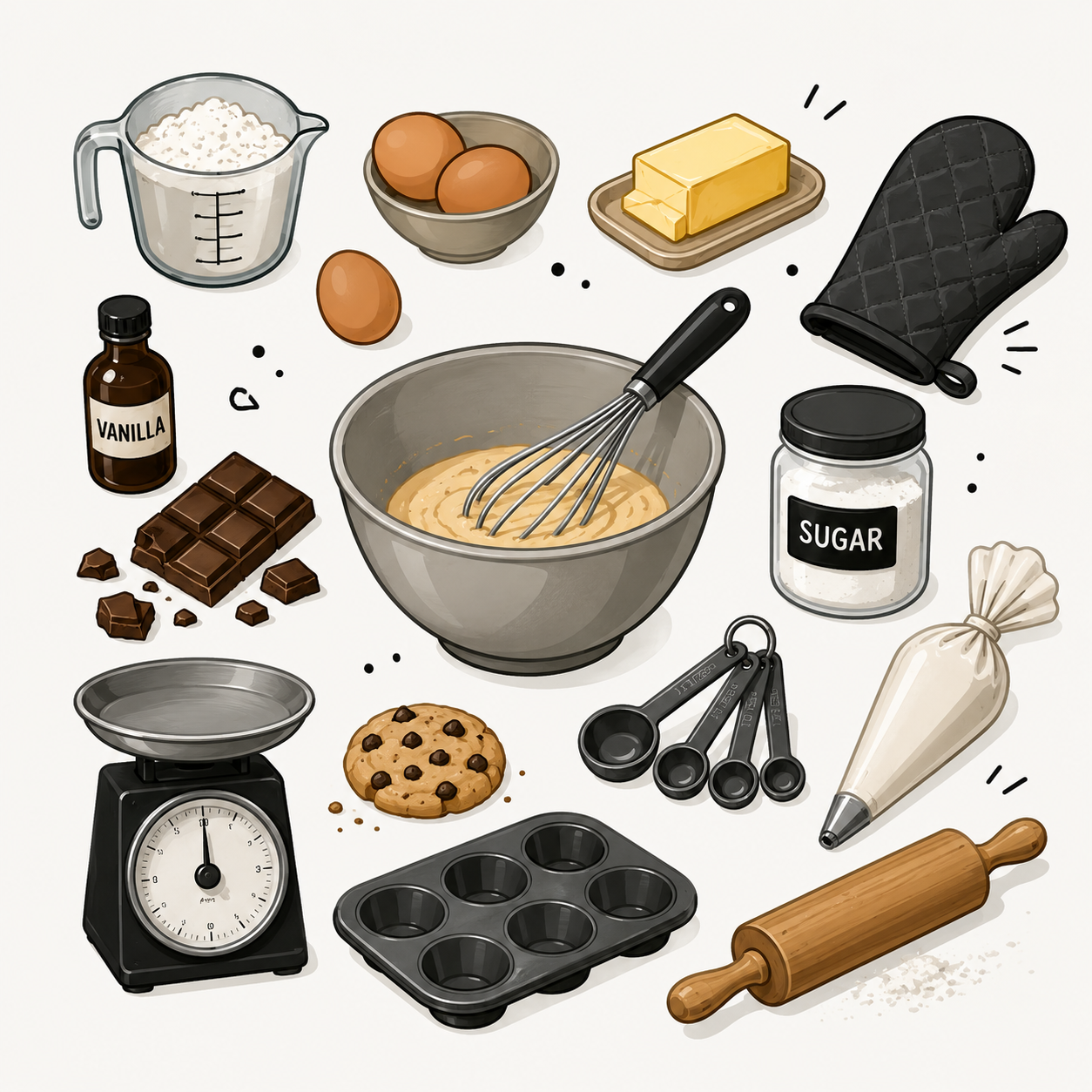 A doodle collage of baking ingredients and tools