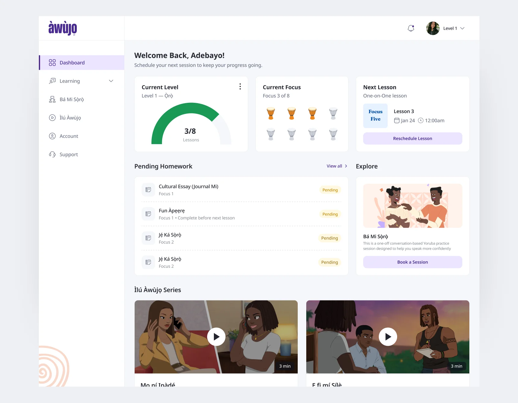 Student Portal + Progress Model – Dashboard – level, focus, next lesson at a glance