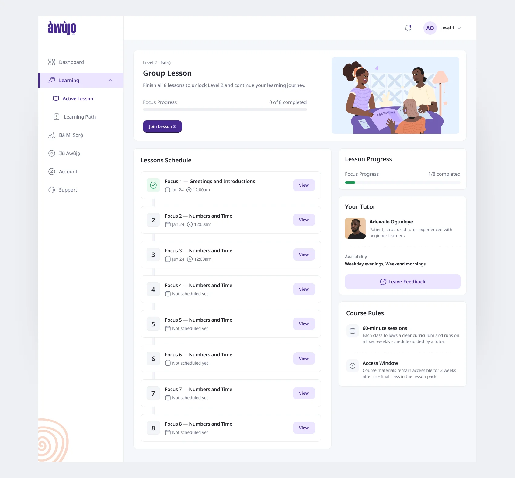 Student Portal + Progress Model – Learning – the 8-focus lesson schedule and progress
