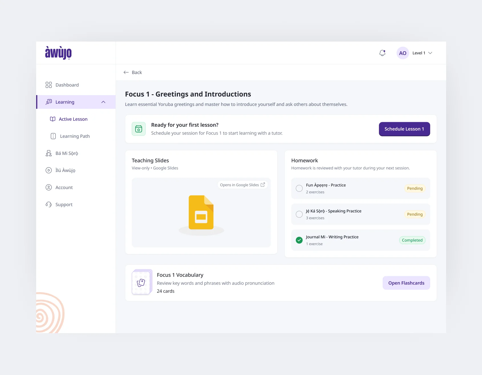 Student Portal + Progress Model – Inside a lesson – slides, homework, and vocabulary