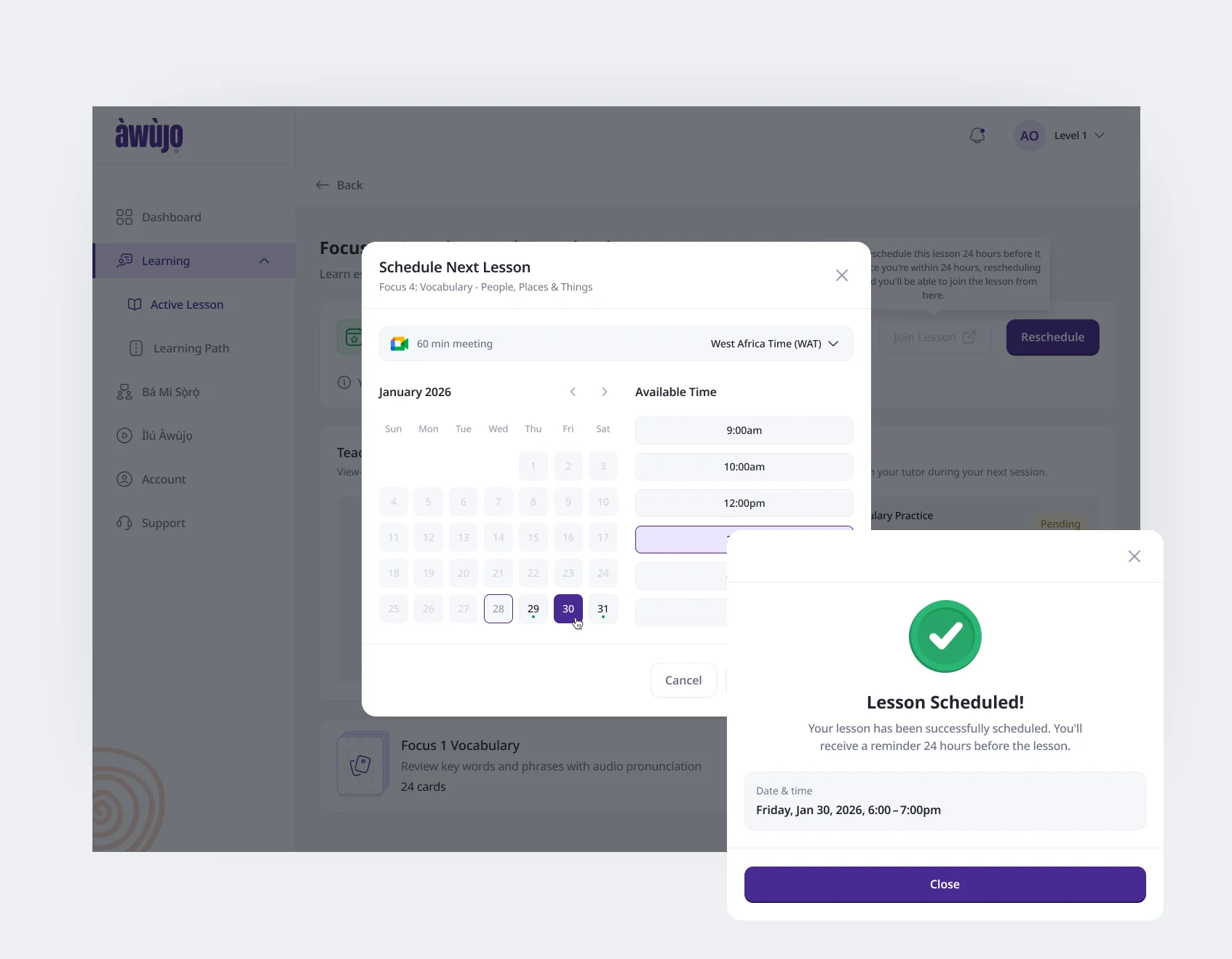 Student Portal + Progress Model – Booking a session – pick a slot, get a confirmation