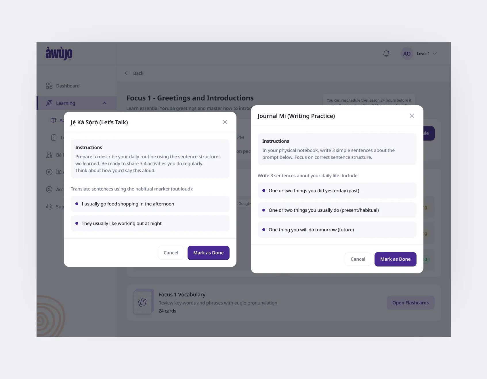 Student Portal + Progress Model – Homework prompts – speaking and writing, ungraded