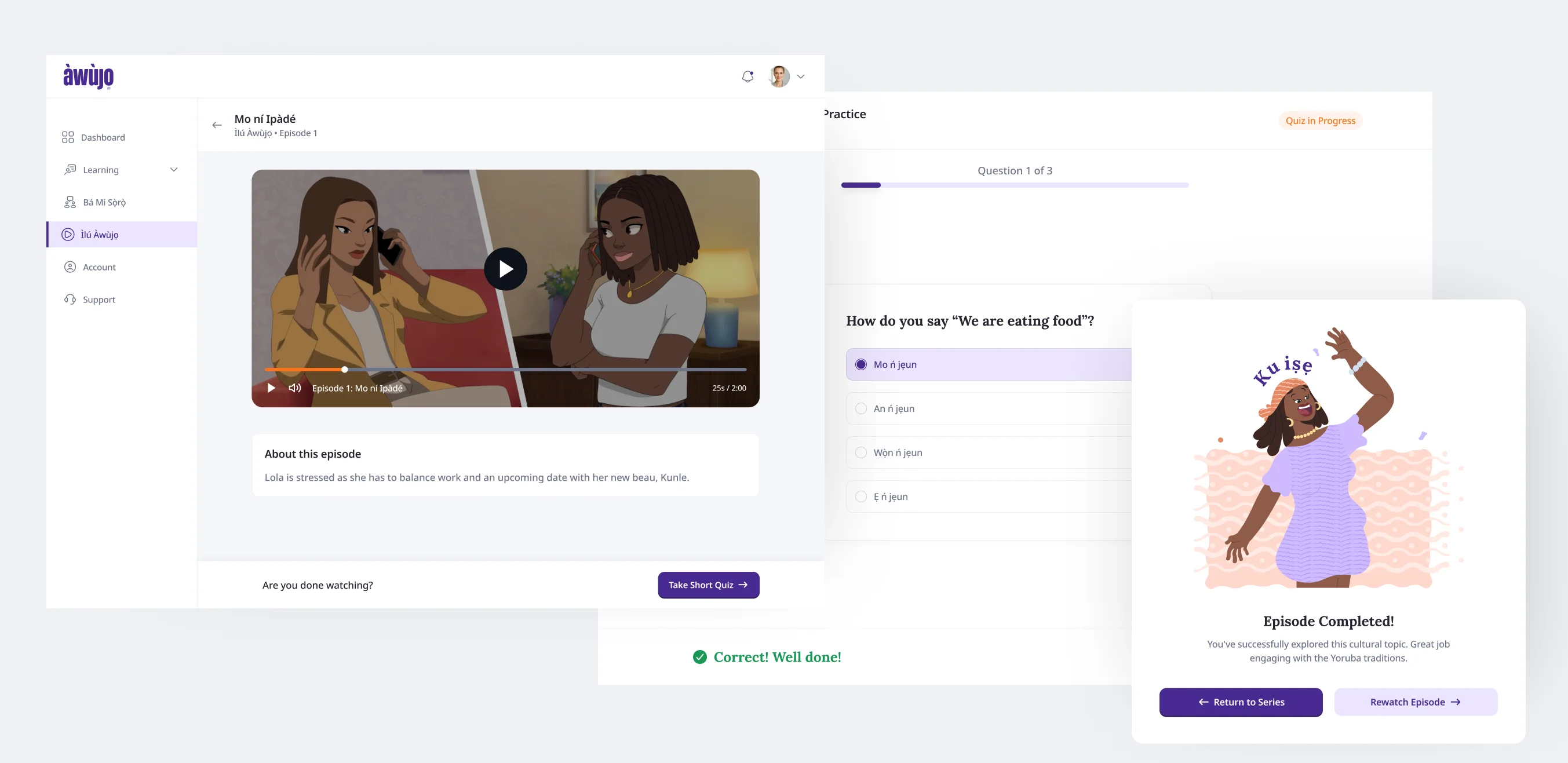 Student Portal + Progress Model – Ìlú Àwùjọ – short animated episodes with a quiz