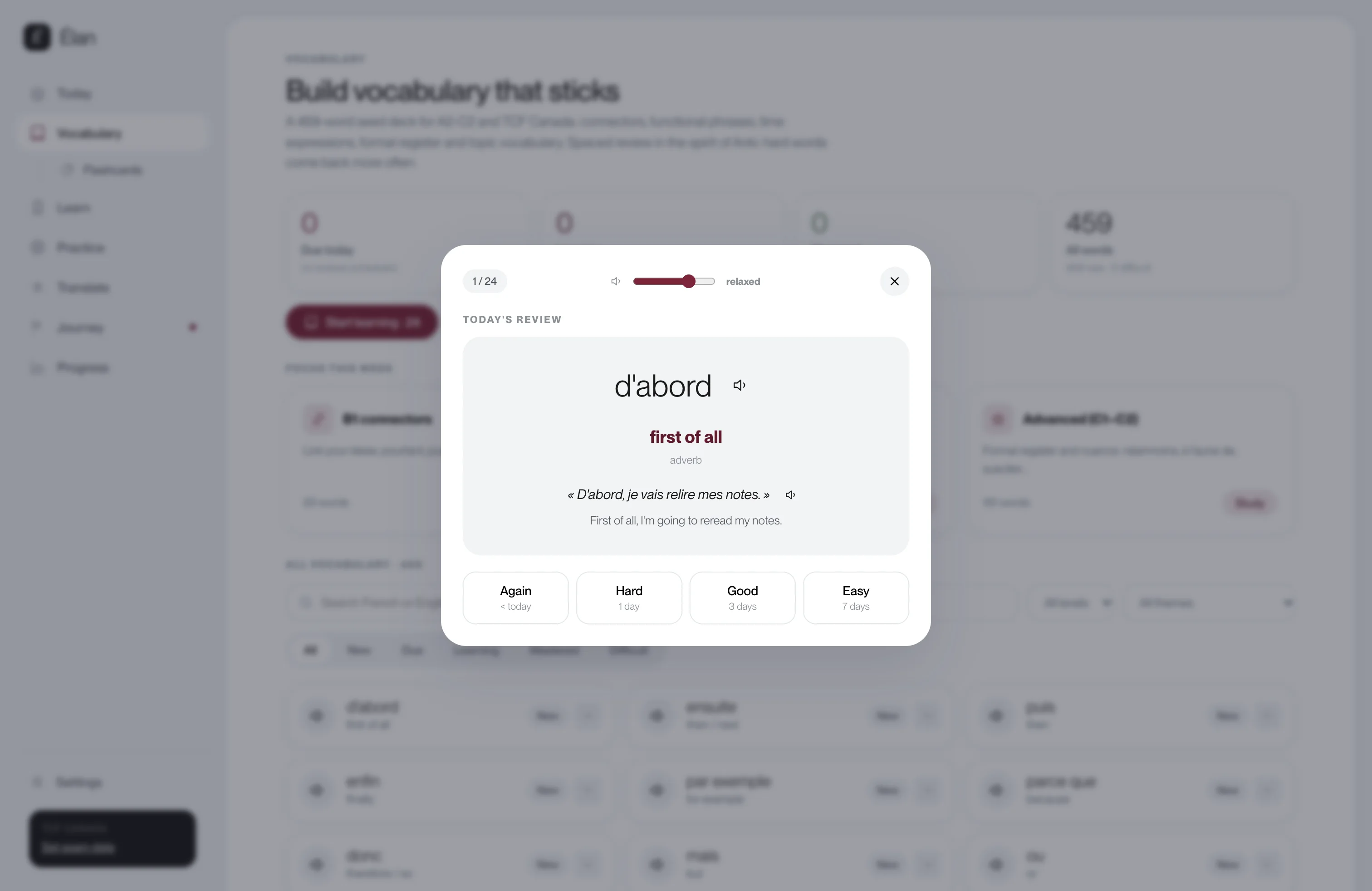 Reveal, rate, move on. The rating drives the whole spaced-review schedule.
