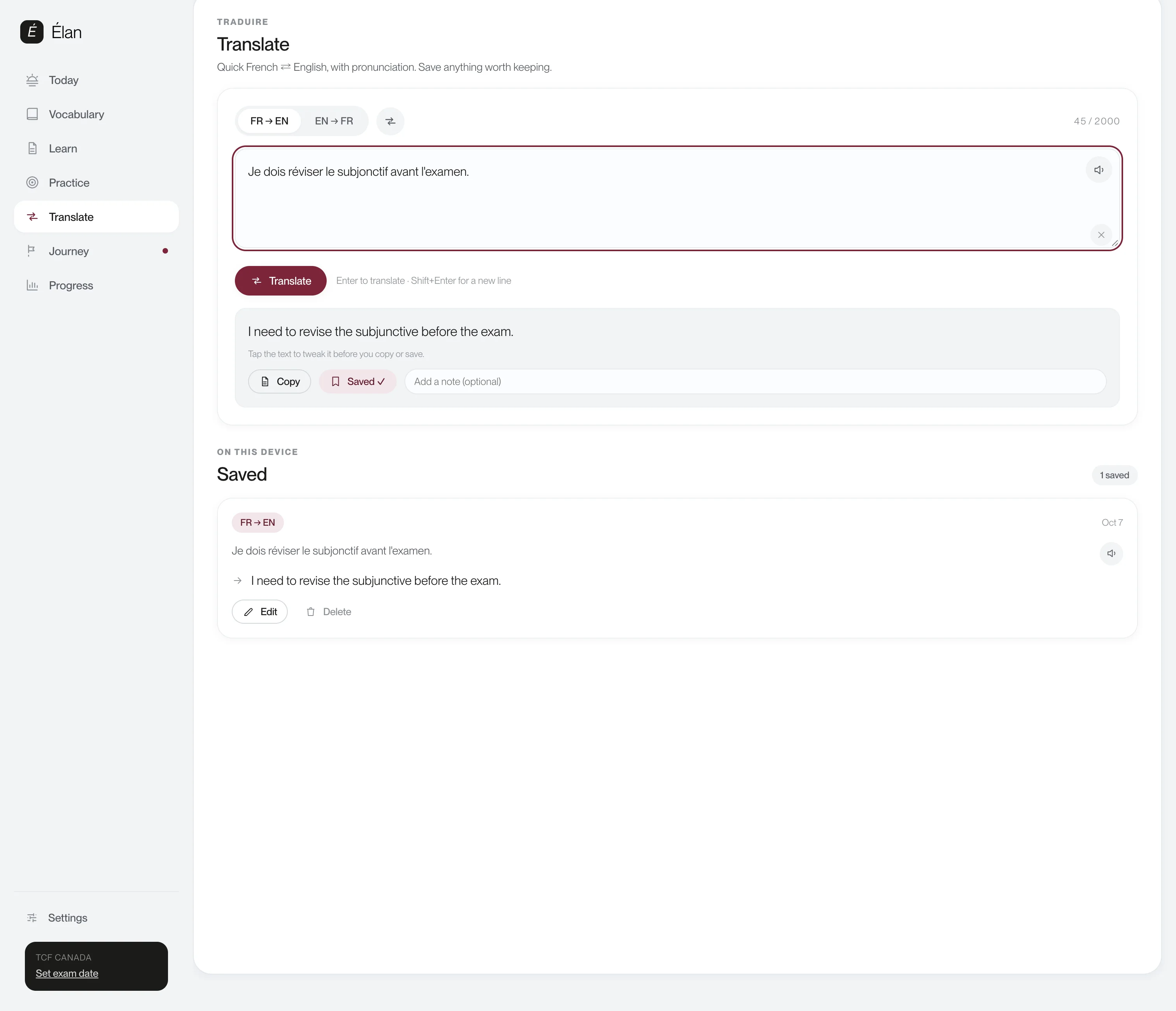 Translate a phrase, then save it to your own list to revisit later.