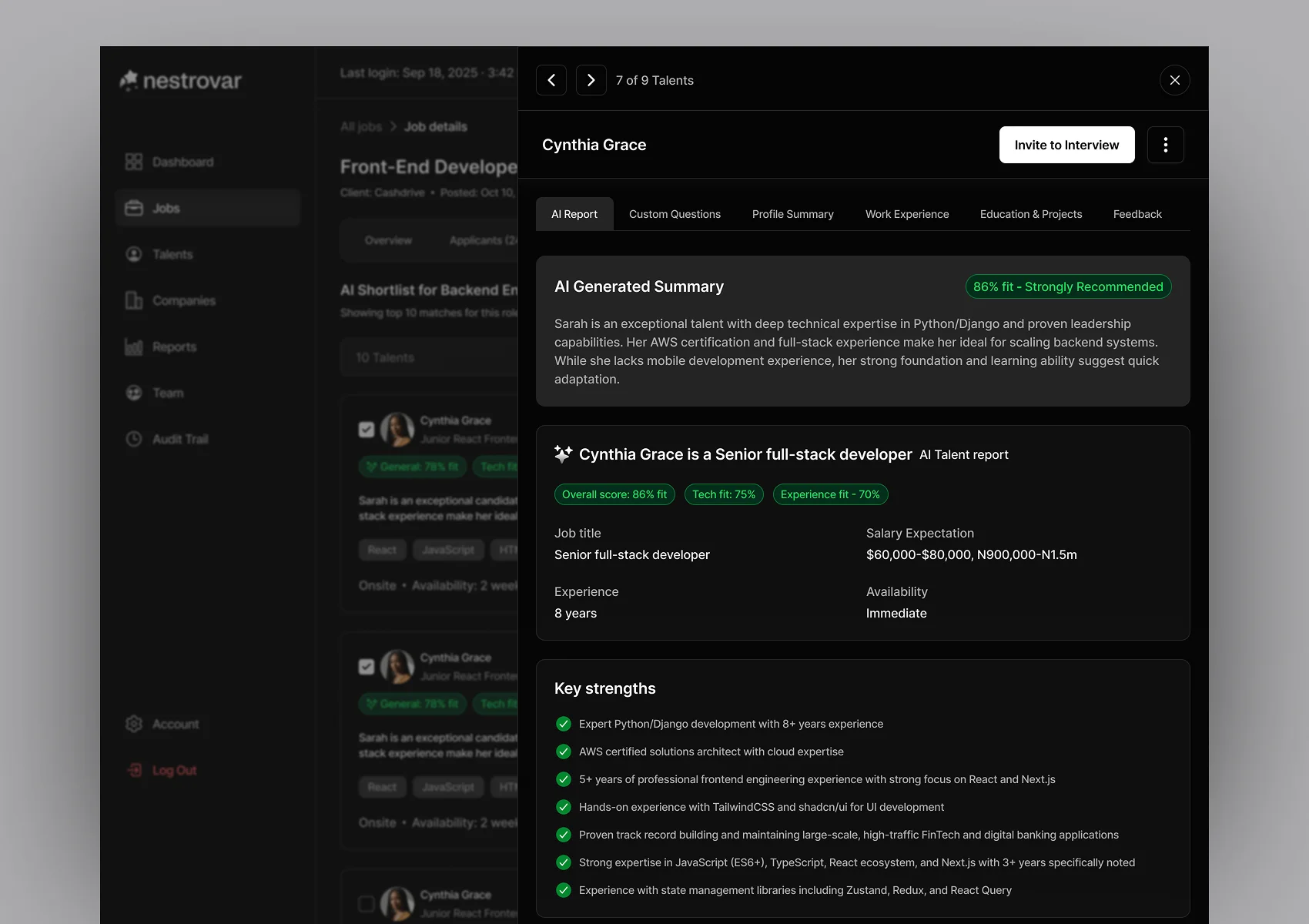 AI assessment with scores, strengths and areas of concern