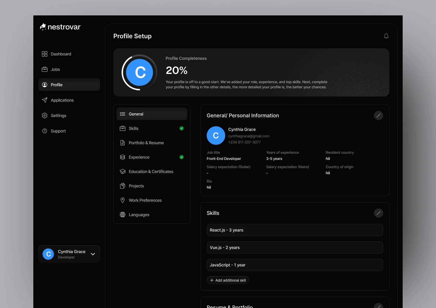 The talent profile reads as a profile, not a long form