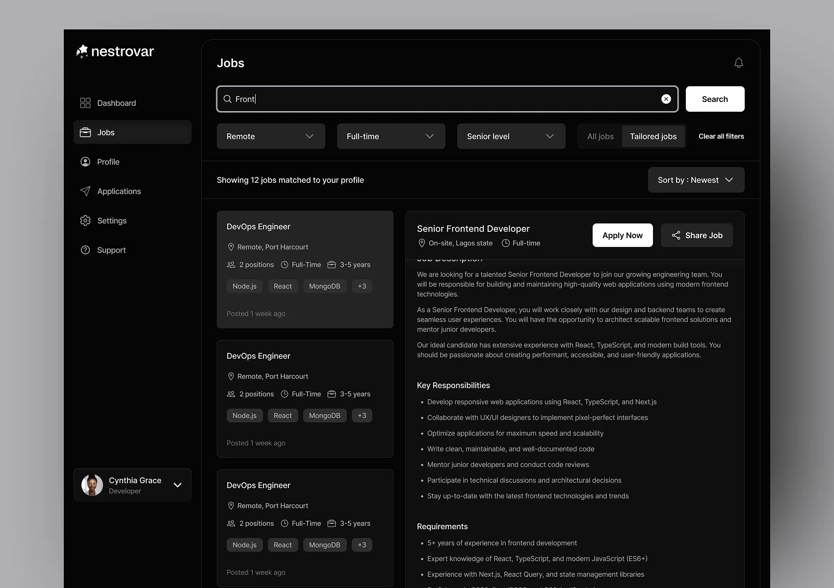Job discovery in a split view of list and details
