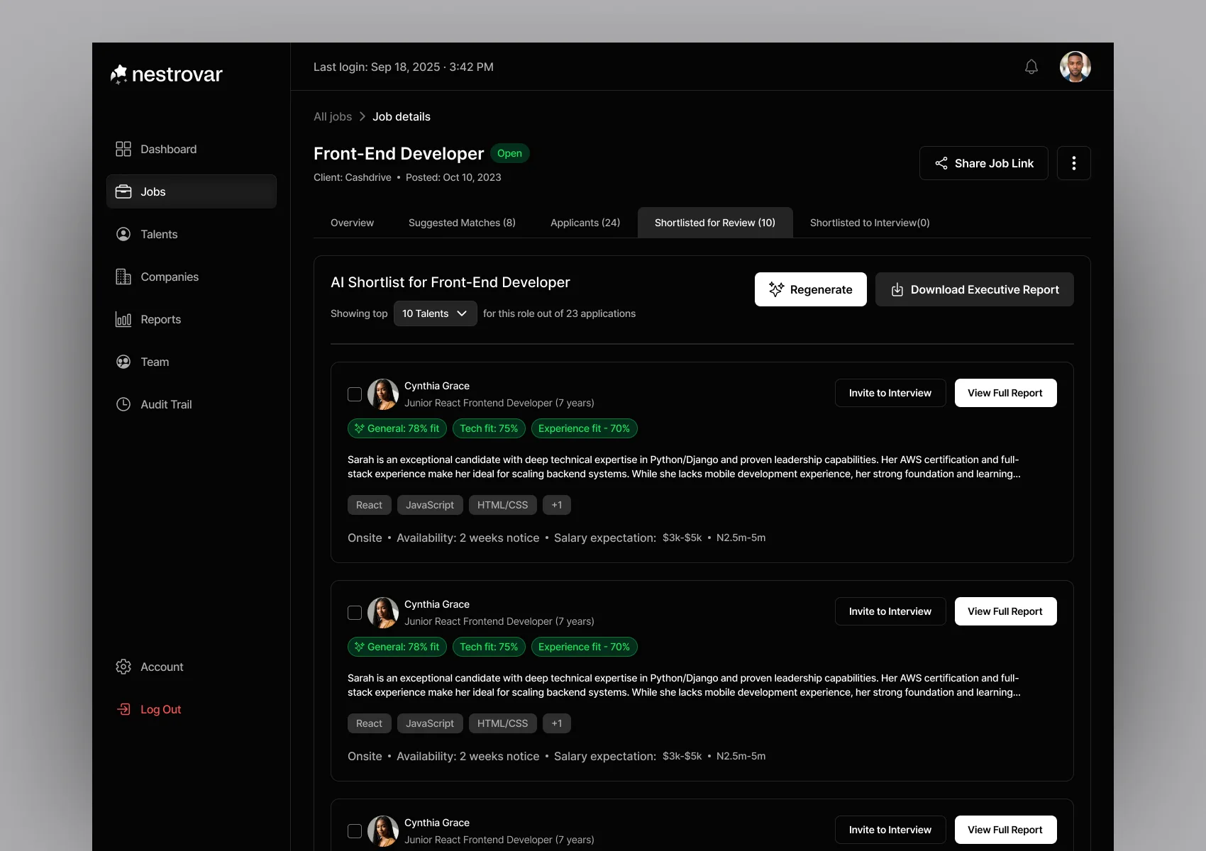 An AI shortlist the admin generates and exports as a report
