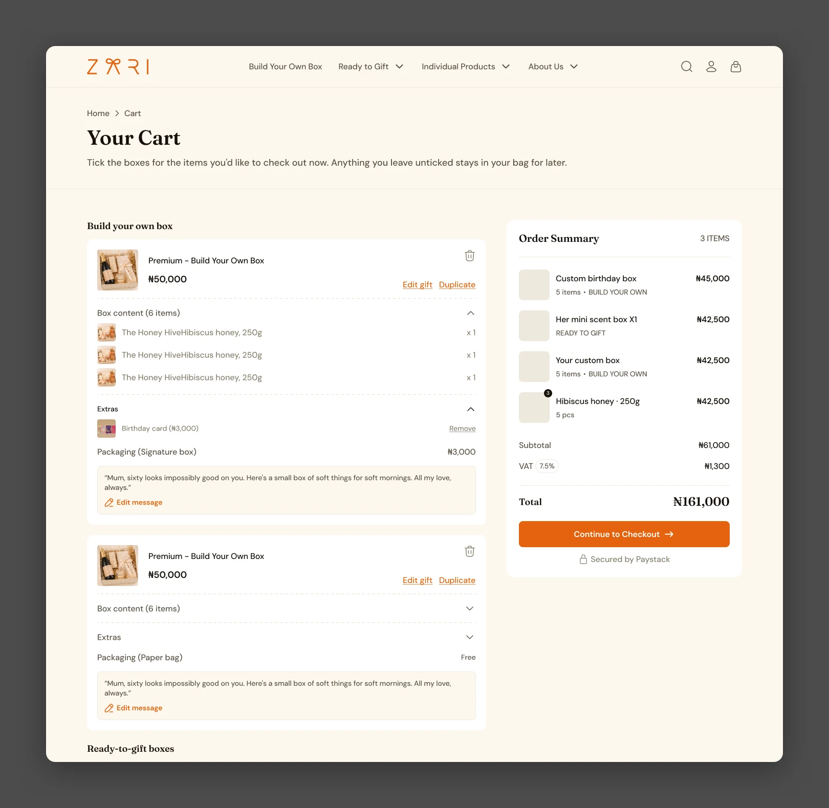 One cart holding all three gift types, with expandable custom boxes and contextual names.