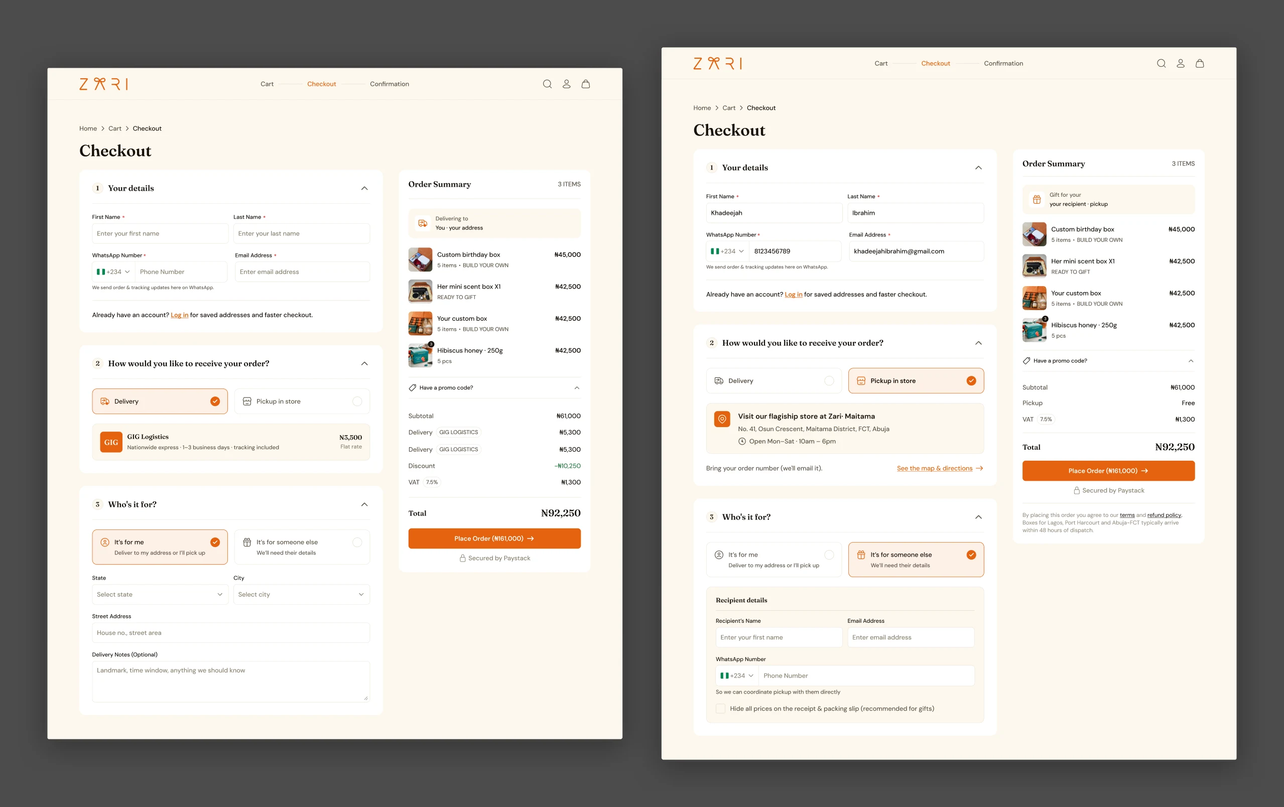 The same checkout, adapting its fields to delivery vs pickup and buying for yourself vs someone else.