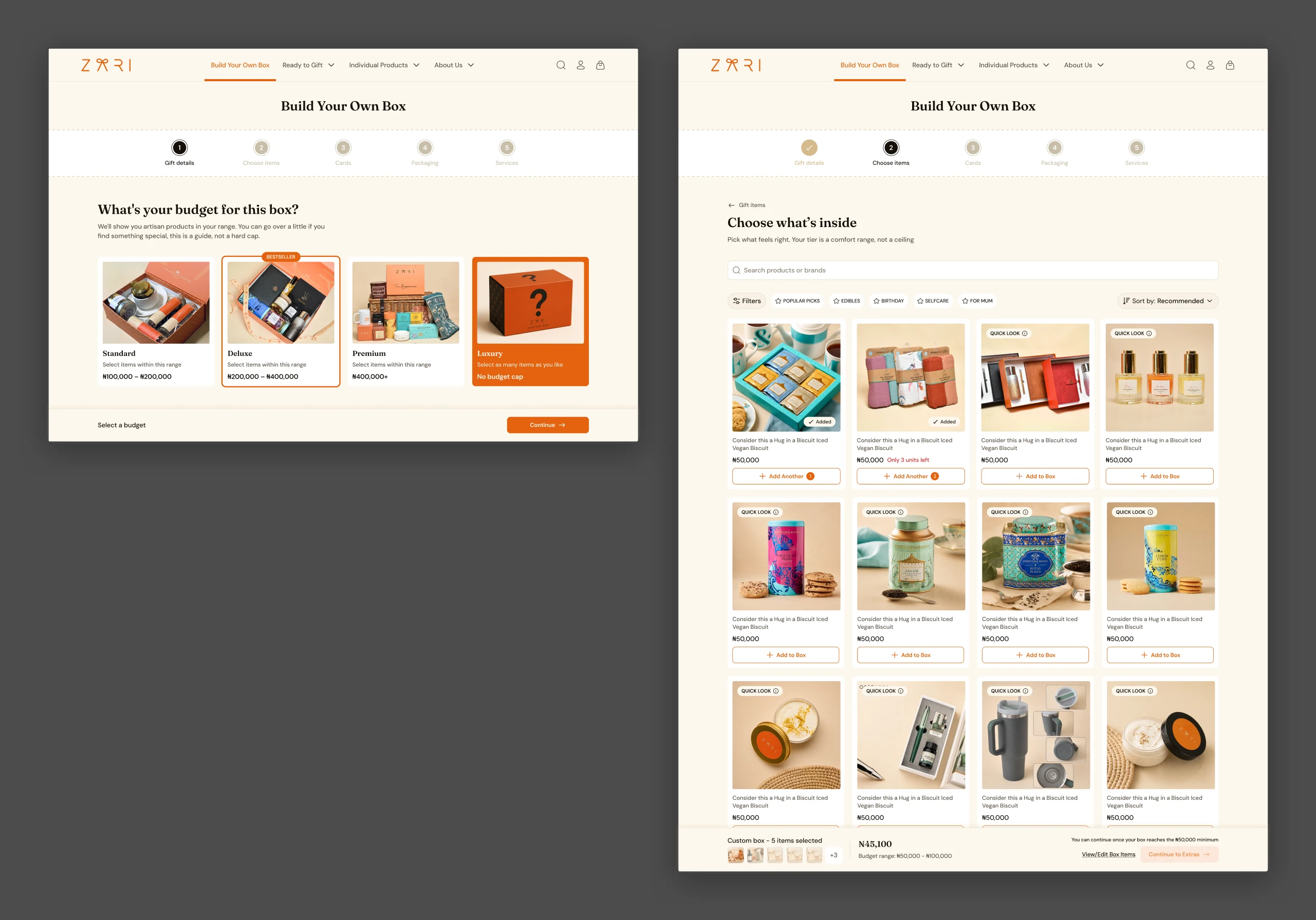 Setting a budget, then choosing what goes inside, inside a guided five-step builder.