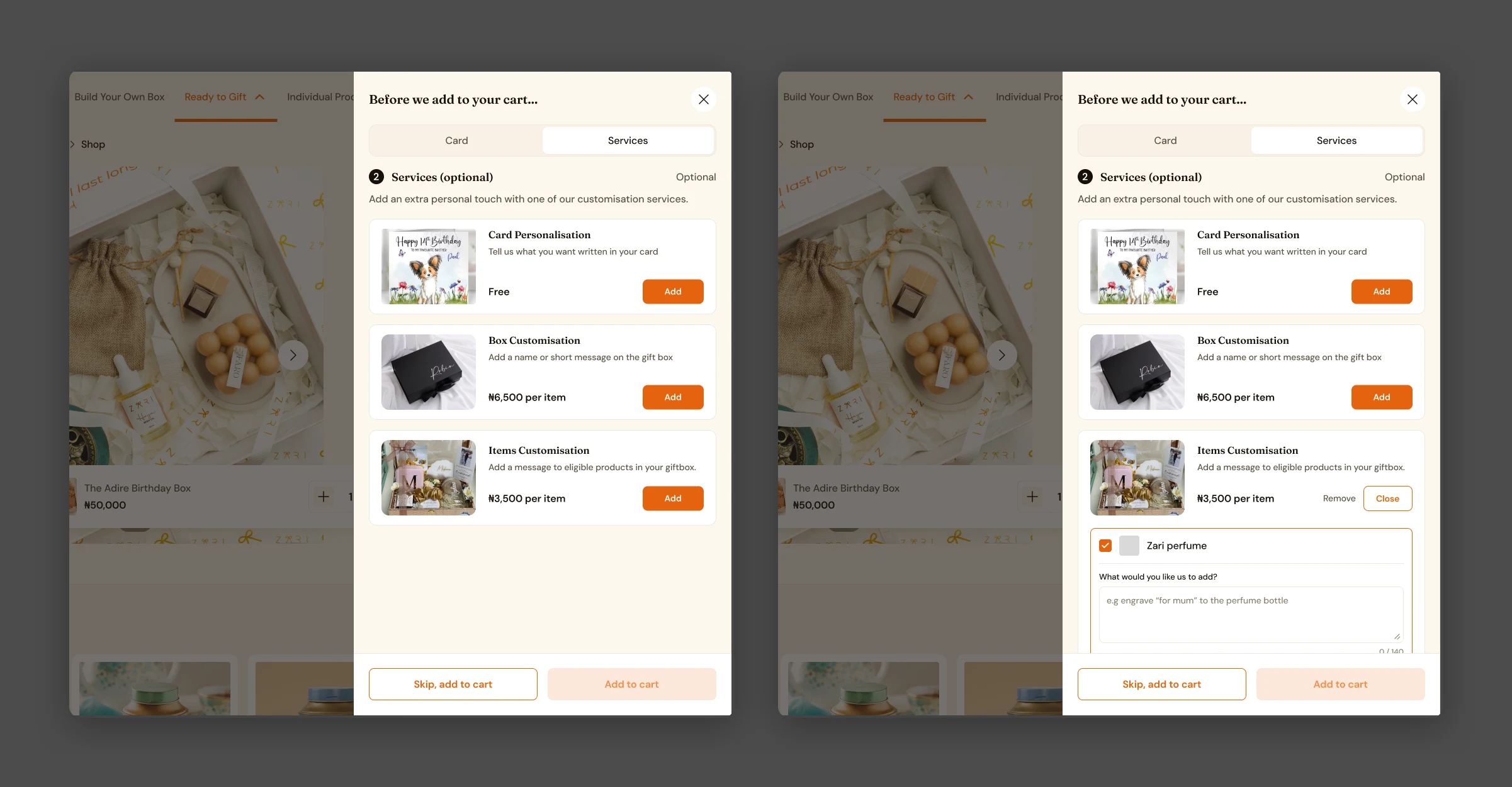 Choosing a customisation service, then adding a separate instruction for an eligible item.
