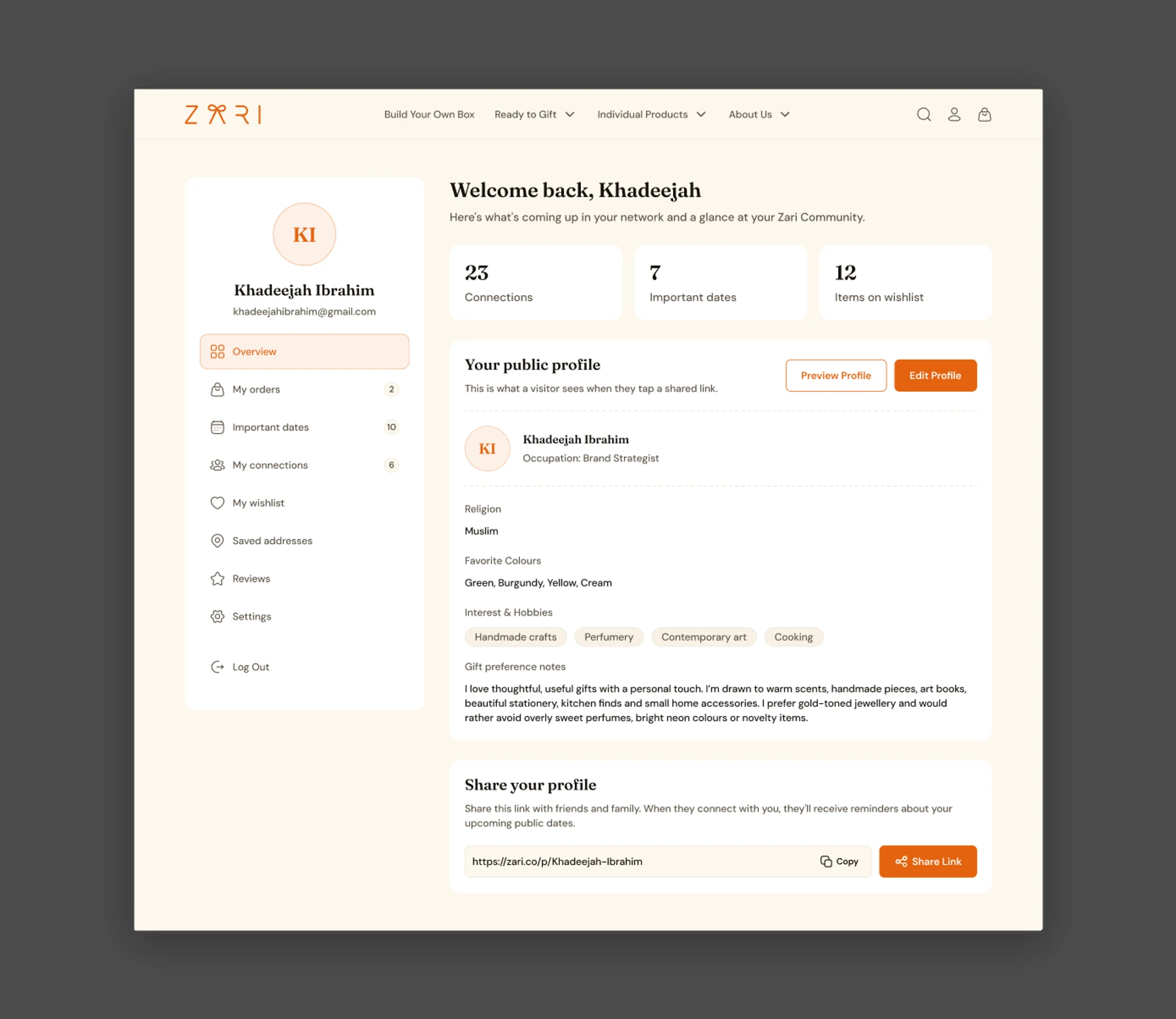 Community – The Community overview, with your public profile and a shareable link.
