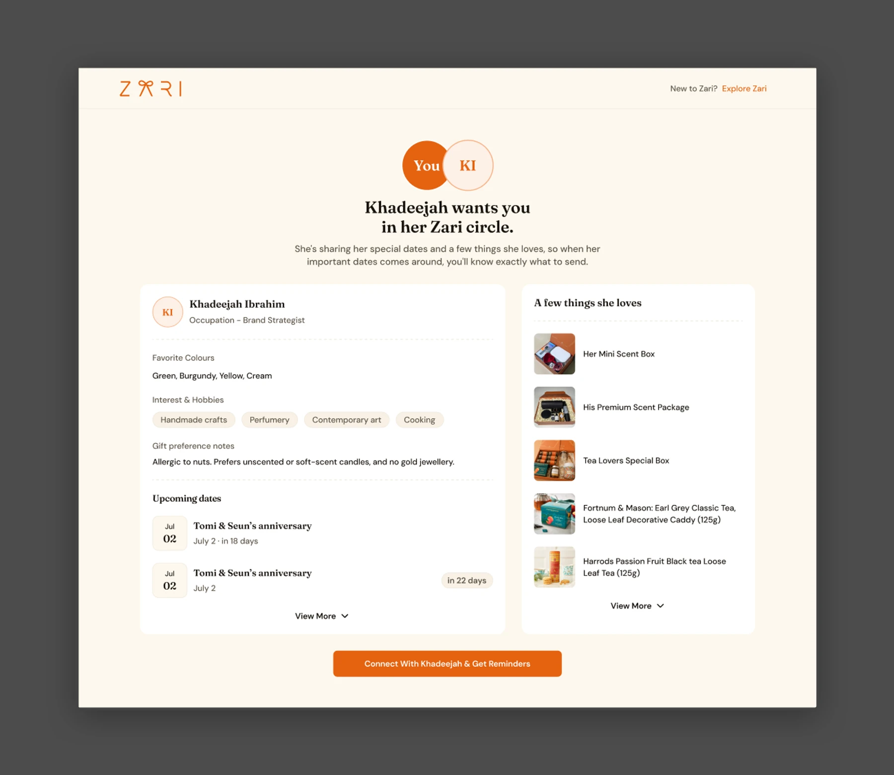 Community – A connection's profile: their preferences, occasions and wishlist.