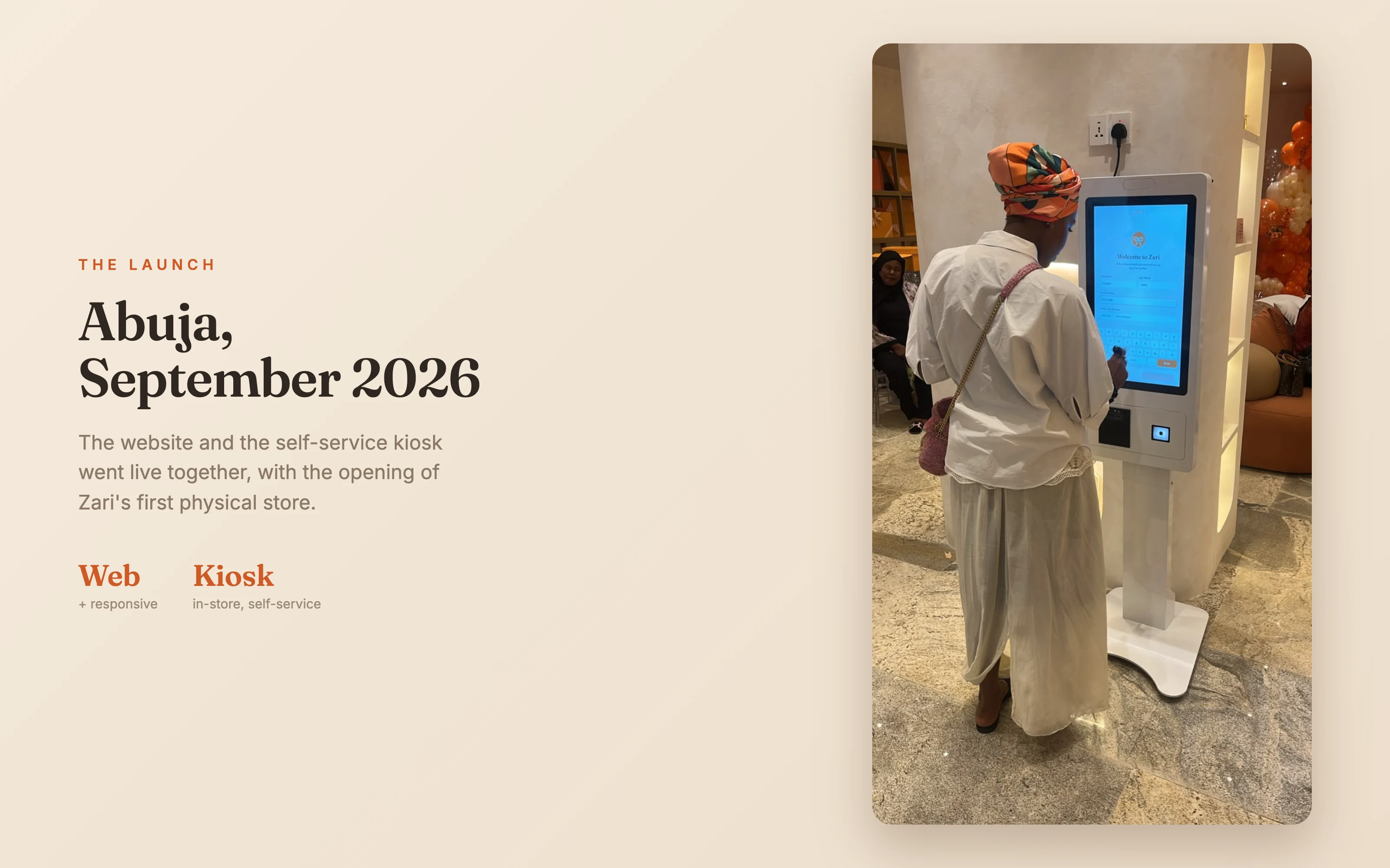 The self-service kiosk in real use at the Abuja store launch, September 2026.